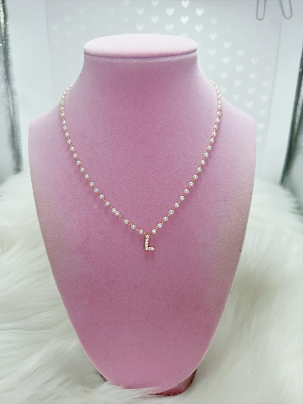 18k gold plated L pearl CZ initial letter 16” to 19” necklace